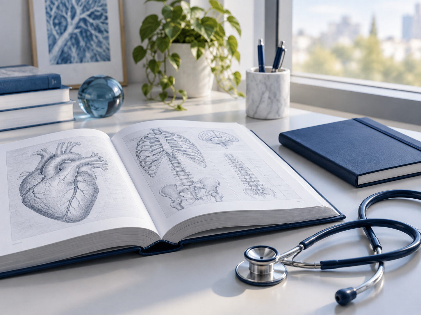 Libri di medicina e stetoscopio su una scrivania